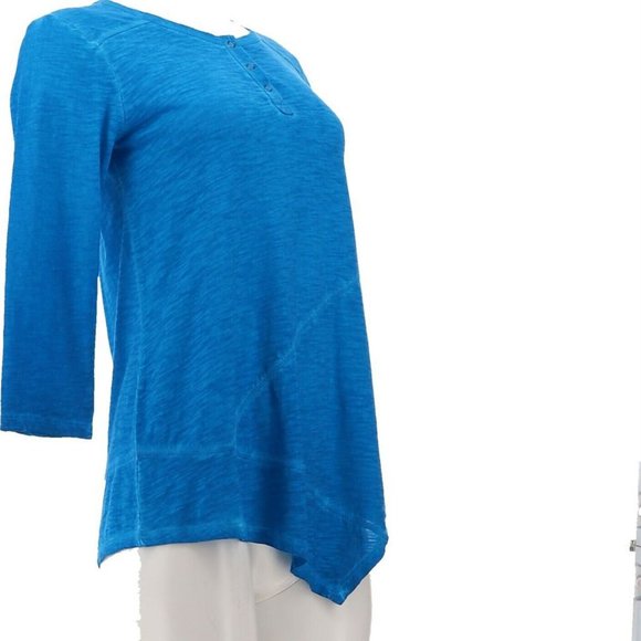 NWT LOGO BY LORI GOLDSTEIN DISTRESS COTTON SLUB 3/4 SLEEVE TOP IBIZA BLUE XXS - Picture 3 of 11